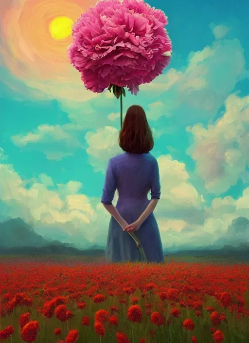 Image similar to woman with a giant carnation as a face, flower field, surreal photography, sunset dramatic light, impressionist painting, colorful clouds, blue sky, digital painting, artstation, simon stalenhag