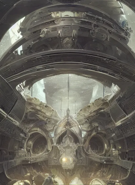 Prompt: epic concept illustration, highly detailed, intricate mechanical design, hard science concept art, star fleet nautilus ship being prepared for launch, by greg rutkowski and alphonse mucha. uhd, cinematic lighting, amazing depth, cinematography by 2 0 1 7