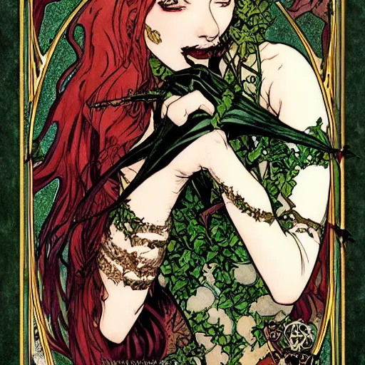 Image similar to a beautiful tarot card of poison ivy dressed as a teenage vampire, leather armored, dark eyeliner, intricate, elegant, highly detailed, digital painting, artstation, concept art, matte, sharp focus, illustration, art by rebecca guay and by arthur rackham and by alphonse mucha and by john william waterhouse