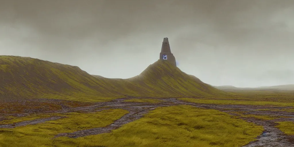 Image similar to A digital painting by Simon Stålenhag of Iceland´s gravel road ,monumental old ruins tower, forest,overcast, of a road in Iceland landscape.