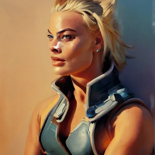 Image similar to greg manchess portrait of margot robbie as zarya from overwatch, epic grimdark, fantasy, medium shot, asymmetrical, profile picture, organic painting, sunny day, matte painting, bold shapes, hard edges, street art, trending on artstation, by huang guangjian and gil elvgren and sachin teng