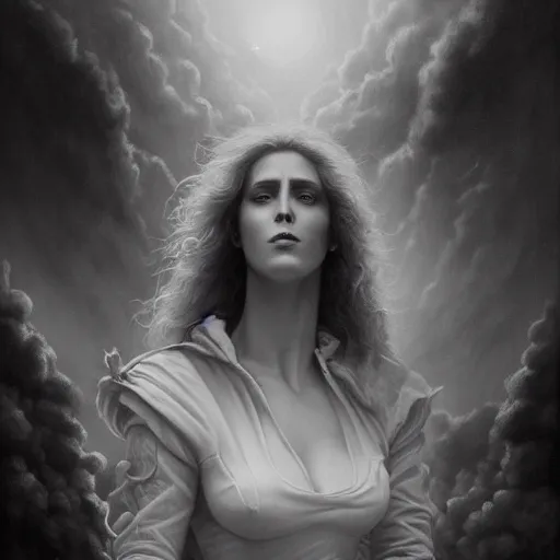 Prompt: By Tom Bagshaw and Boris Vallejo, ultra realist soft painting of castle court by night, centered fading Hermione Granger fully dressed, horror, omnious sky, symmetry accurate features, very intricate details, black and white, volumetric light clouds, 8K