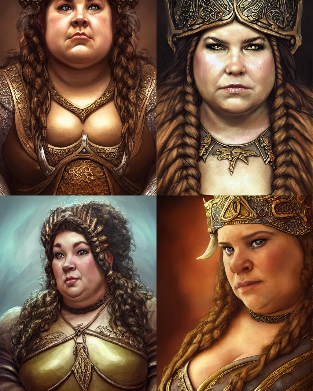 Prompt: portrait, chubby female dwarf queen, bronze dwarven breastplate, complex braided hair, regal and proud robust woman, bold serious expression, big nose style by jeff easley, brian froud, jeff easley dramatic light, high detail, cinematic lighting, artstation, dungeons and dragons, throne room,