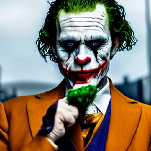 Image similar to 8 k uhd, movie trailer screenshot, william dafoe as the joker