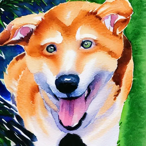 Image similar to a watercolor illustration of a girl with light brown hair, hazel eyes and freckles accompanied by a shiba inu