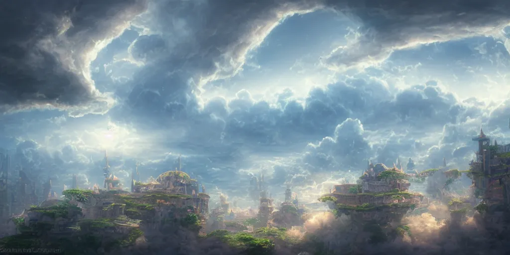 Prompt: beautiful digital illustration of a curvilinear palace in a sea of clouds by Andreas Rocha, curvilinear architecture, fluffy pastel clouds, establishing shot, cinematic, architecture, concept art, deviantArt, artsation, artstation HQ, HD, 16k resolution, smooth, sharp detail, amazing depth, octane, finalRender, Unreal Engine