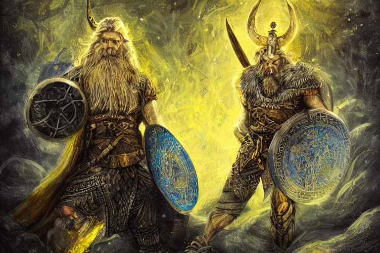 Image similar to mythological viking odin all father Shaman of artificial intelligence creating an artificial neural network, deep learning, with yellow synapses on an anvil, high resolution, award winning art, trending on art station, sharp image, incredibly detailed, detailed character realistic painting