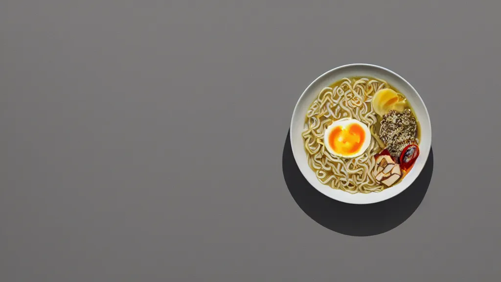 Image similar to an bowl of ramen, japan, a collage painting, in the style of wes anderson, lola dupre, david hockney, isolated on negative white space background dark monochrome neon spraypaint accents volumetric octane render