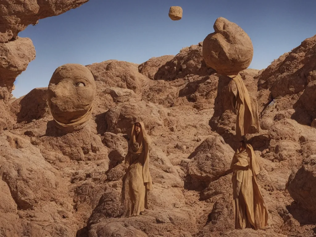 Image similar to levitating bene gesserit rock statue with full - face golden mask in a dry rocky desert landscape, visible sky and sunny atmosphere, fata morgana and giant square mirrors by alejandro jodorowsky, anamorphic lens, kodakchrome, practical effects, masterpiece, 8 k