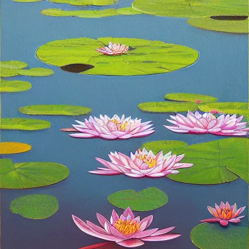 Image similar to A peaceful painting that shows a pond with water lilies floating on the surface. The colors are soft and calming, and the overall effect is one of serenity and relaxation. comatesque inlay by Chantal Joffe, by Jacek Yerka, by Ross Tran