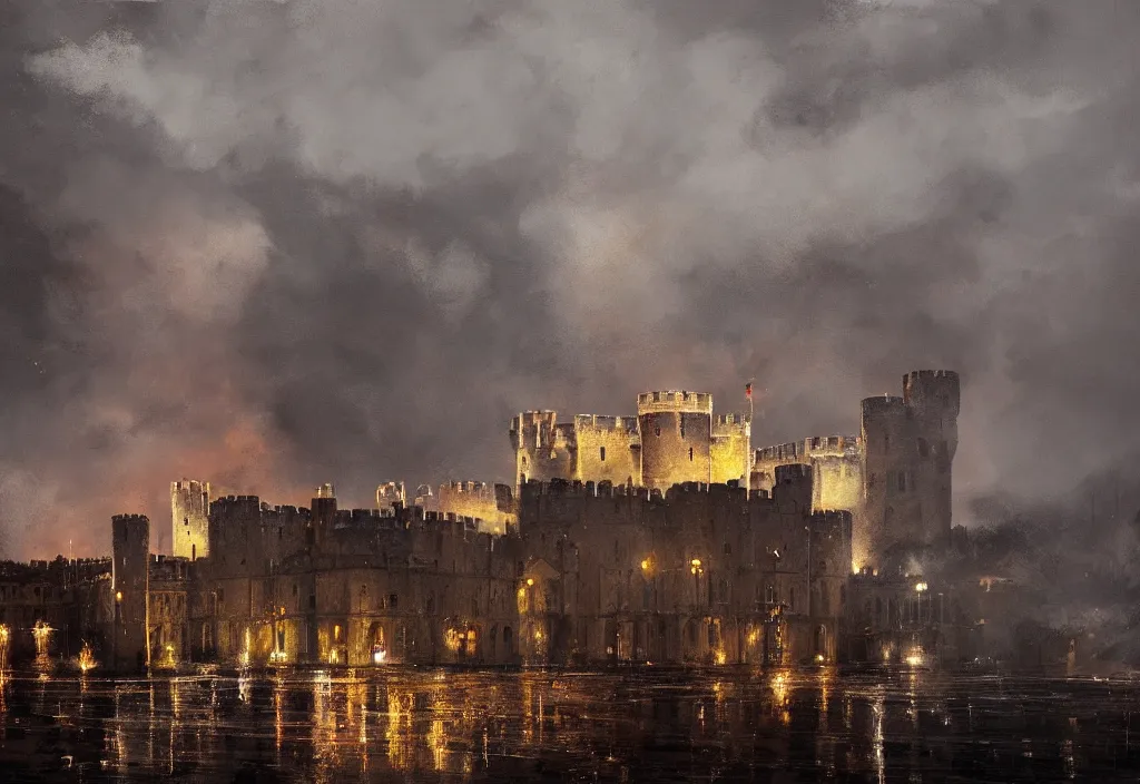 Image similar to windsor castle on fire, artstation, jakub rozalski, high detail, dramatic lighting, night, rain