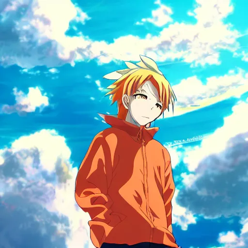 Prompt: anime key visual of a man walking on clouds with an orange longsleeve, official media, trending on artstation, in the style of takashi murakami