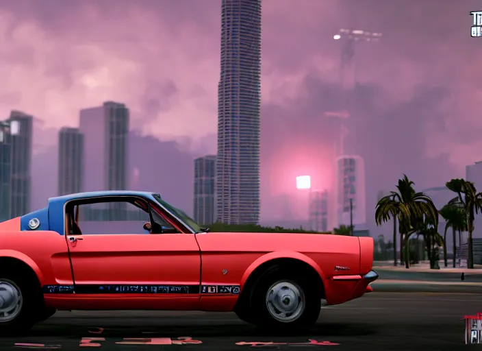 Image similar to still next - gen ps 5 game grand theft auto 6 2 0 2 4 remaster, graphics mods, rain, red sunset, people, rtx reflections, gta vi, miami, palms and miami buildings, photorealistic screenshot, unreal engine, 4 k, 5 0 mm bokeh, close - up ford mustang, gta vice city remastered, artstation