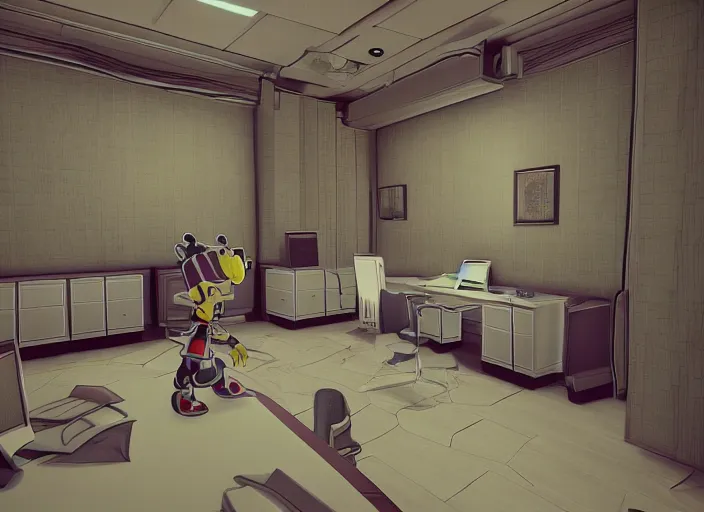 Image similar to kingdom hearts inspired stanley parable office backrooms, creepy but colorful render, intricate detail, castle oblivion, normal workplace office, uhd