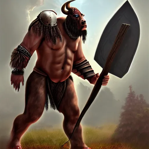 Prompt: Giant minotaur humanoid bull warrior with axe, tauren, concept art, paladin, hyperrealism, high details, digital painting, dark fantasy