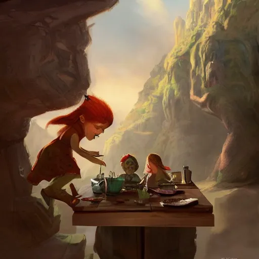 Image similar to an illustration shows a table with a little girl next to a troll holding onto the, concept art by slawomir maniak, trending on artstation, fantasy art, fantasy art