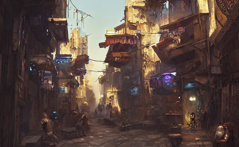 Image similar to cyberpunk medieval middle east alleyway, arabic, persian, dawn, market, little spice shops, technology, bazaar, steam punk, unreal engine 5, trending on art station, in the style of Pixar