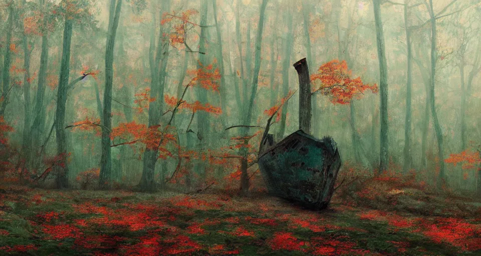 Image similar to an old broken ship in an autumn forest, green and red tones, by Aron Wiesenfeld and beksincki, cinematic, detailed illustration, nature, fog, dark colors, suspense, intricate, 8k