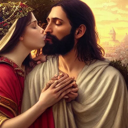 Image similar to jesus kissing a sensual woman in jerusalem, elegant, highly detailed, digital painting, artstation, concept art, matte, sharp focus, highly detailed, 4 k, hdr, smooth, sharp focus, high resolution, award - winning photo, photorealistic, art by artgerm and greg rutkowski and alphonse mucha, large shot