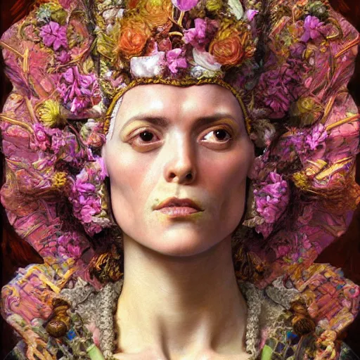 Prompt: a baroque neoclassicist close - up renaissance portrait of an android shaman wearing a facemask made from flowers, reflective detailed textures, highly detailed fantasy science fiction painting by moebius, norman rockwell, frank frazetta, and syd mead. rich colors, high contrast. artstation