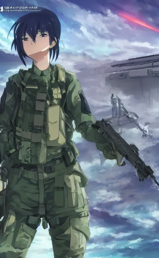 Image similar to girl, trading card front, future soldier clothing, future combat gear, realistic anatomy, concept art, professional, by ufotable anime studio, green screen, volumetric lights, stunning, military camp in the background, perfect eyes