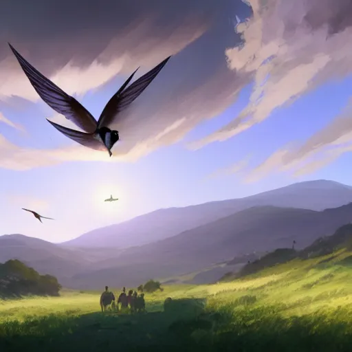 Image similar to flock of swallow birds flying in avila, golondrinas, green fields, spring season, 4 k, midday light, concept art, by wlop, ilya kuvshinov, artgerm, krenz cushart, greg rutkowski, pixiv. cinematic dramatic atmosphere, sharp focus, volumetric lighting, cinematic lighting, studio quality