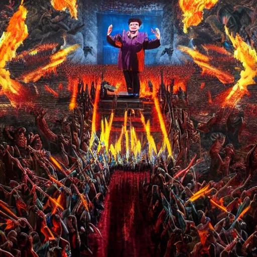 Image similar to full body pose, hyper - realistic photo of kim jong - il on parade in hell volumetric lighting, 8 k, octane perfectly detailed rendering, extremely hyper detailed, intricate, epic composition, cinematic lighting, masterpiece, trending artstation, very highly detailed, stunning, hdr, smooth, sharp focus, high resolution, award winning photo, dslr, 5 0 mm