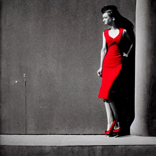 Image similar to photo of a woman in a red dress by arnold newman. professional photography.