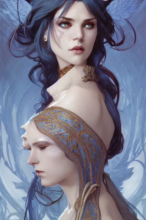 Image similar to a beautiful blue tiefling, dnd, face, fantasy, intricate, elegant, highly detailed, digital painting, artstation, concept art, smooth, sharp focus, illustration, art by artgerm and greg rutkowski and alphonse mucha