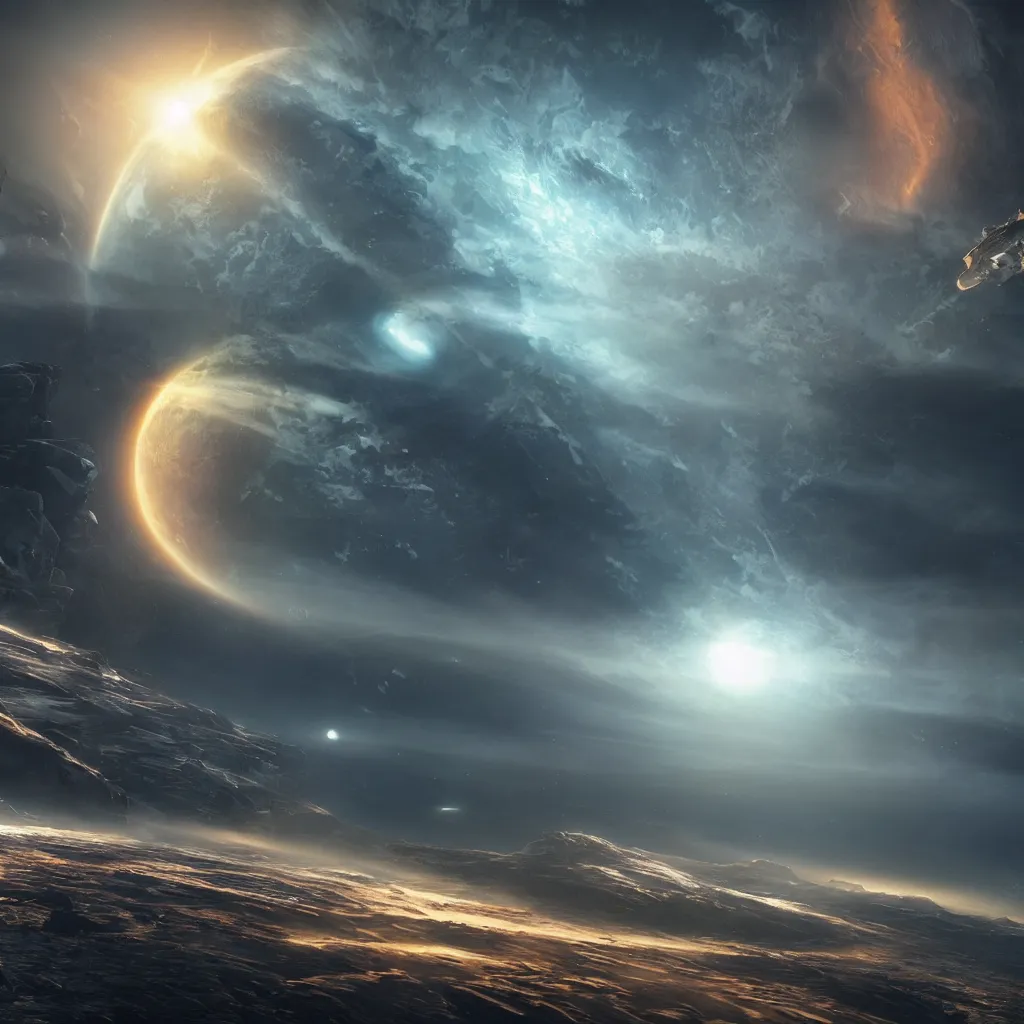 Image similar to An incredibly beautiful but ominous matte painting depicting a space hurrican hitting a planet, nvidia, vray, evening, epic scale, octanerender