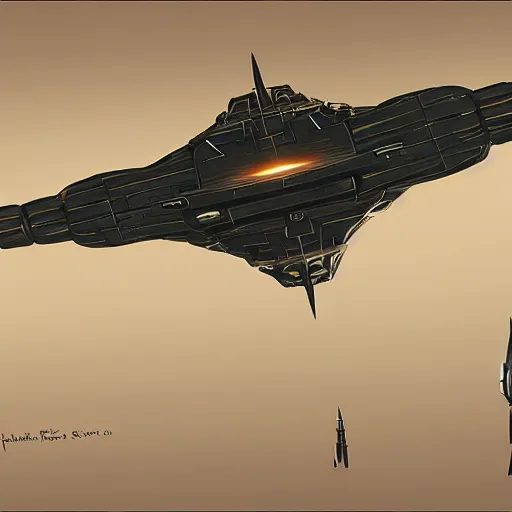 Image similar to concept art of a large space vessel in the shape of an spear by chriss foss