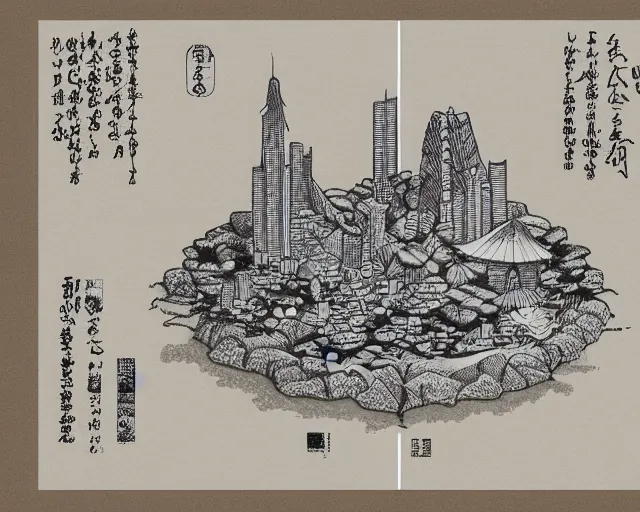 Image similar to 3d isometric botanical illustration of a city made of banana plant in an island surrounded by water, book engraving, black and white, masterpiece in Ukiyo-e style, HD