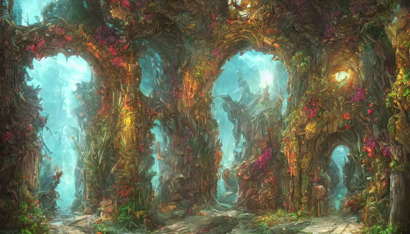 Prompt: Doorway into a fantasy land, Artstation, colourful, highly detailed