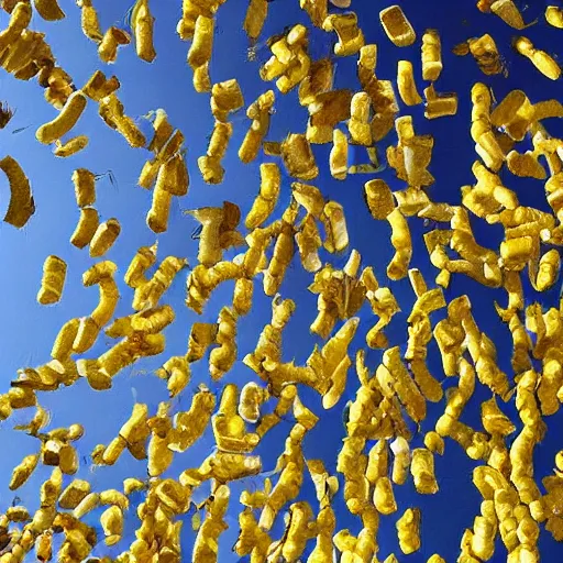 Prompt: Bananas falling from the sky over new york city, colourised, photograph