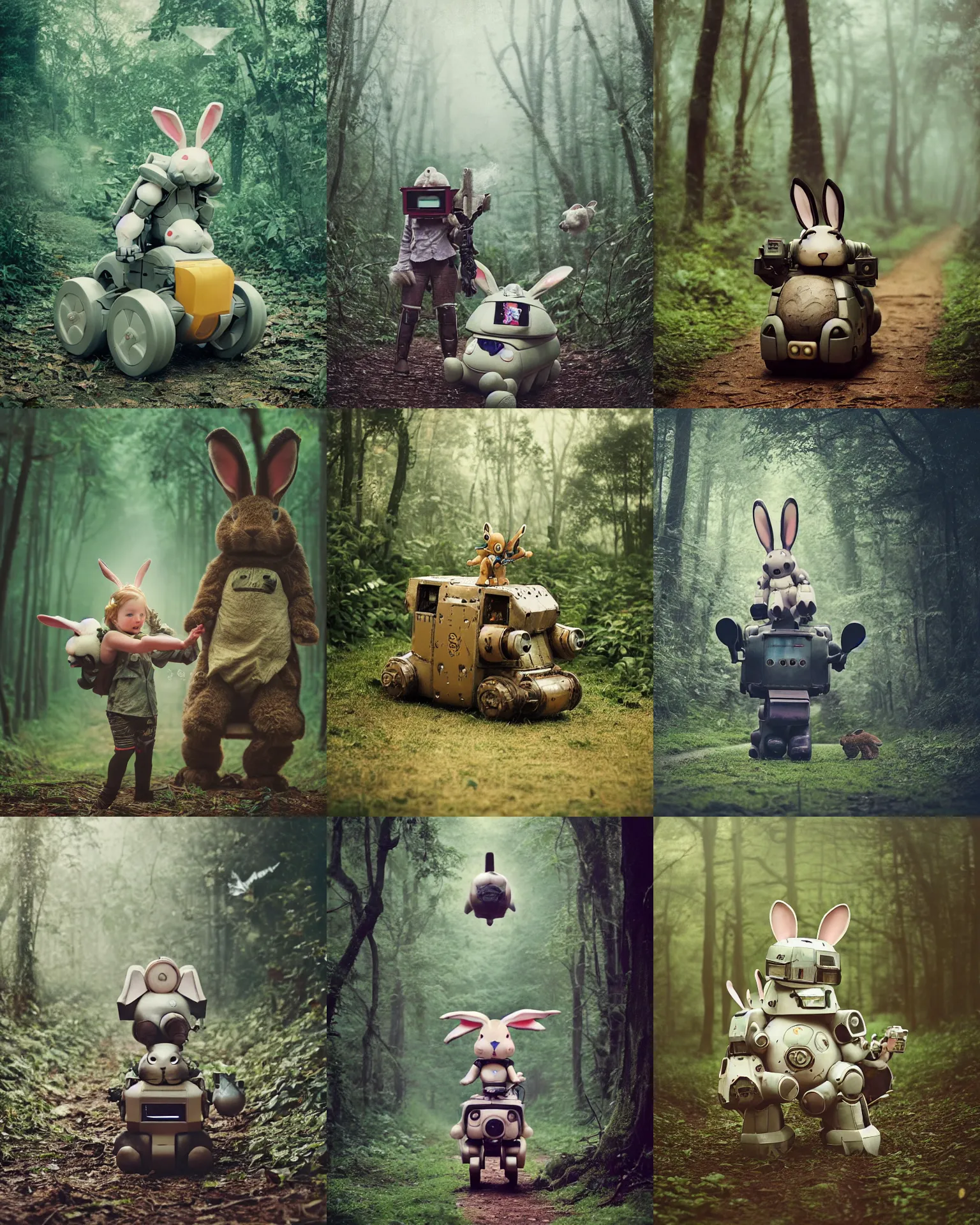 Prompt: epic battle pose !!!giant oversized battle rabbit robot chubby mech baby train cute with big ears and rabbit, on a jungle forest, full body , Cinematic focus, Polaroid photo, vintage , neutral dull colors, soft lights, foggy ,random weather, by oleg oprisco ,by gregory crewdson , by anka zhuravleva