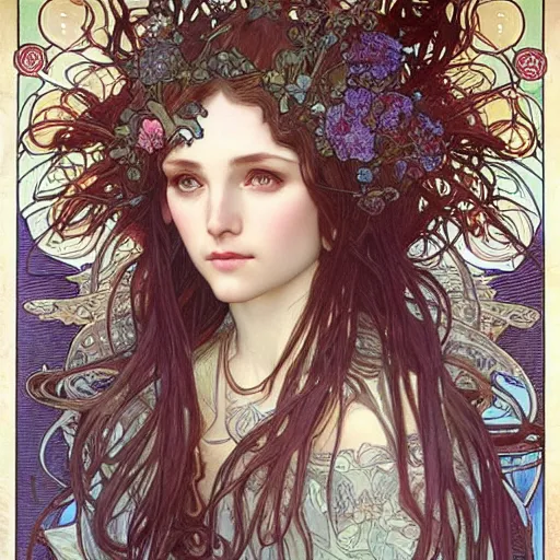 Prompt: realistic detailed face portrait of a mermaid saint by Alphonse Mucha, Ayami Kojima, Amano, Charlie Bowater, Karol Bak, Greg Hildebrandt, Jean Delville, and Mark Brooks, Art Nouveau, Neo-Gothic, gothic, rich deep moody colors