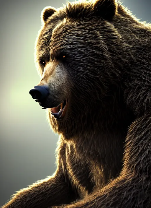 Image similar to portrait of a bear werewolf, brown and grey hair, golden eyes with a paw scar on his right cheek, dim volumetric lighting, 8k octane beautifully detailed render, post-processing, extremely hyperdetailed, intricate, epic composition, grim yet sparkling atmosphere, cinematic lighting + masterpiece, trending on artstation