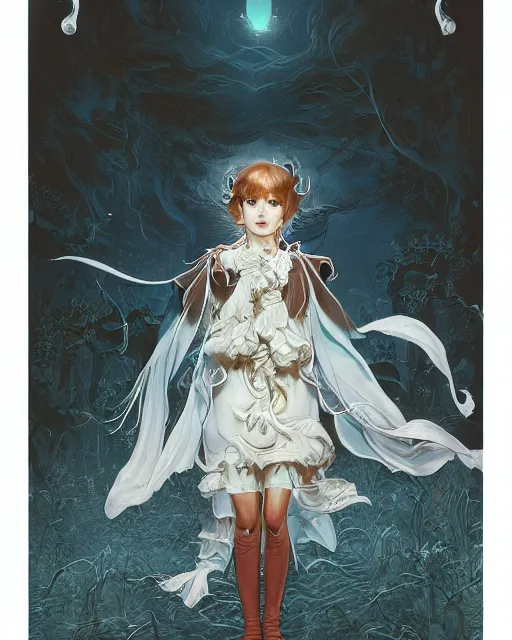 Image similar to a girl in a cute ghost halloween costume, midshot single subject, ambient lighting, detailed, art poster by ayami kojima, makoto shinkai, kilian eng