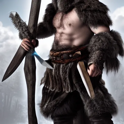 Image similar to a dnd barbarian half frost giant with pale skin and short black beard and hair wearing a fur coat, shoulder armor and holding an axe, high resolution film still, 4k, HDR color