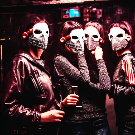 Prompt: photograph of a retro techwear female group near the bar of a packed busy rundown nightclub, lots of people, sharp and sparkly masks, retrofuturism, brutalism, cyberpunk, sigma 85mm f/1.4, 15mm, 35mm, tilted frame, long exposure, 4k, high resolution, 4k, 8k, hd, wide angle lens, highly detailed, full color, harsh light and shadow, diverse