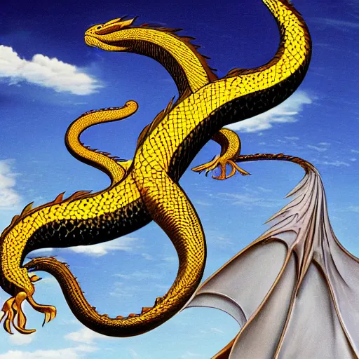 Prompt: 100 ft. wingless flying dragon snake slithering through the sky