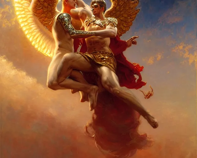 Image similar to attractive angel male deity, casting magic, summoning handsome lucifer morning star. highly detailed painting by gaston bussiere, craig mullins, j. c. leyendecker 8 k