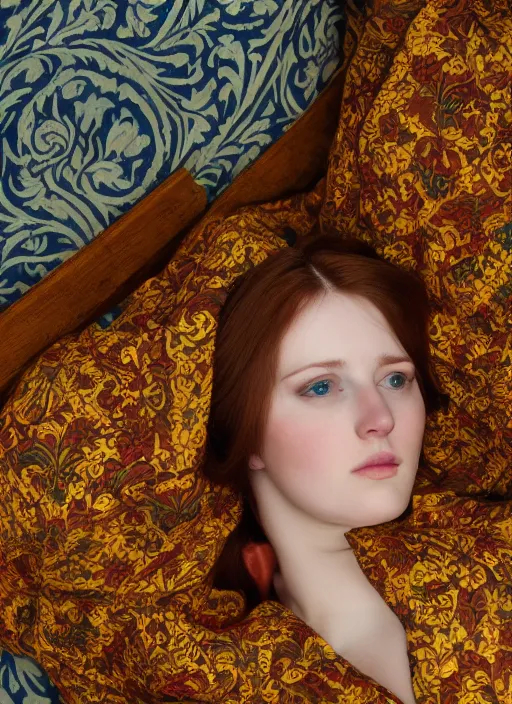 Image similar to preraphaelite portrait photography reclining on bed, brown hair fringe, yellow ochre ornate medieval dress, william morris, 4 k