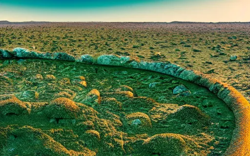 Image similar to Alien planet with weird unknown plants, POV looking far in the distance, rings stretch across horizon, landscape photography 4k