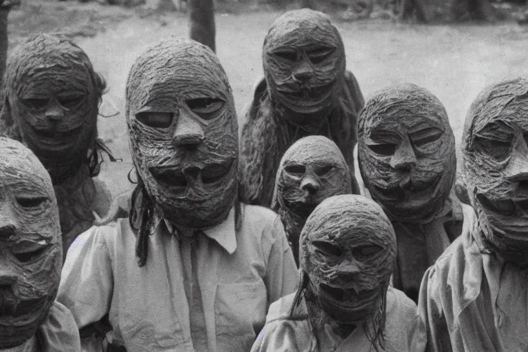 Prompt: vintage photo of villagers wearing weird masks, eerie, bizarre, highly detailed shot, dramatic 8 k uhd