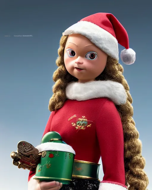 Image similar to highly detailed closeup, portrait of a tin toy santa greta thunberg as hermione granger, bikini, depth of field, fashion photoshoot by nicoletta ceccoli, mark ryden, lostfish, dan decarlo, bob clampett, max fleischer, breathtaking, detailed and intricate snowenvironment, 8 k resolution, hyperrealistic, octane render