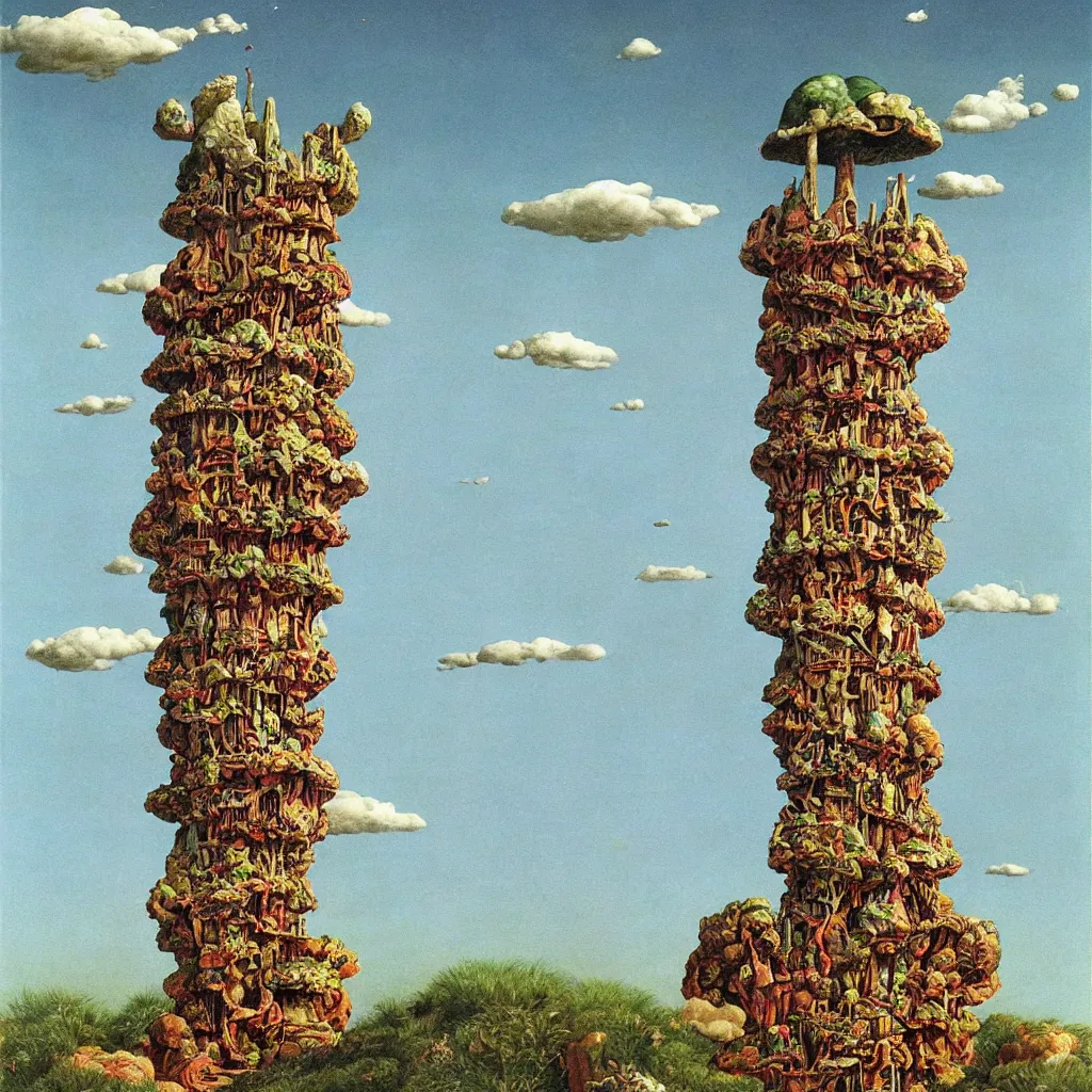 Prompt: a single! colorful!! fungus tower clear empty sky, a high contrast!! ultradetailed photorealistic painting by roger dean and giorgio de chirico, hard lighting, masterpiece