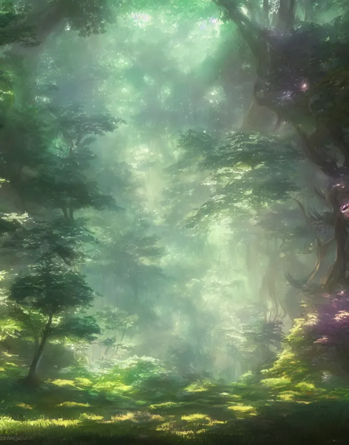 Image similar to magical mystical forest, environment concept art, ethereal anime, high detail Impressionist style, dreamy light color palette, style of studio ghibli and moebius, concept art stunning atmosphere, trending on artstation, volumetric light