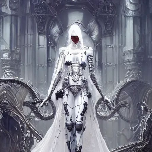 Image similar to female gothic robots with heart human organ, dressed in white intricate lace, veils and jewels, epic environment, matte painting, diffused lighting, highly detailed, cinematic, epic atmosphere, digital art, trending on artstation, wide angle