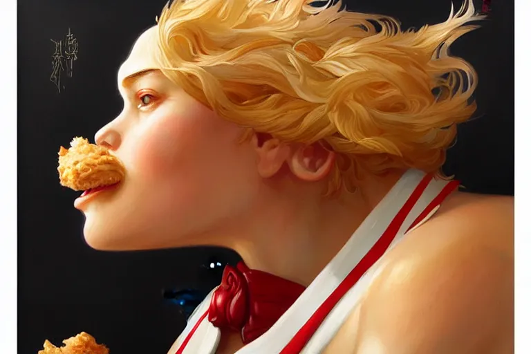 Image similar to kfc chicken, portrait, elegant, intricate, digital painting, artstation, concept art, smooth, sharp focus, illustration, art by artgerm and greg rutkowski and alphonse mucha